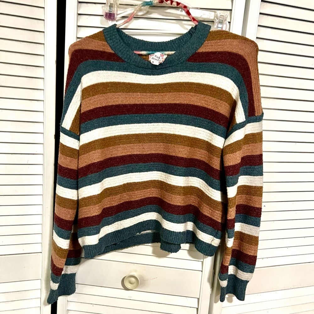 Striped Crewneck Sweater in Teal, Maroon & Cream